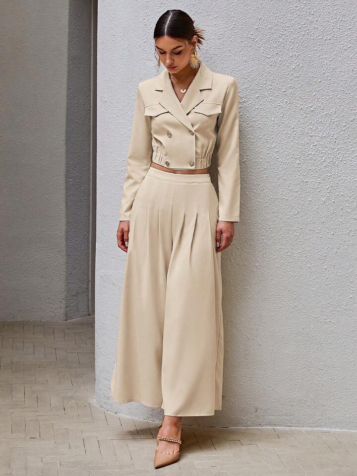CM-SS506478 Women Elegant Seoul Style Solid Color Double-Breasted Cropped Jacket With Wide-Leg Pants - Set