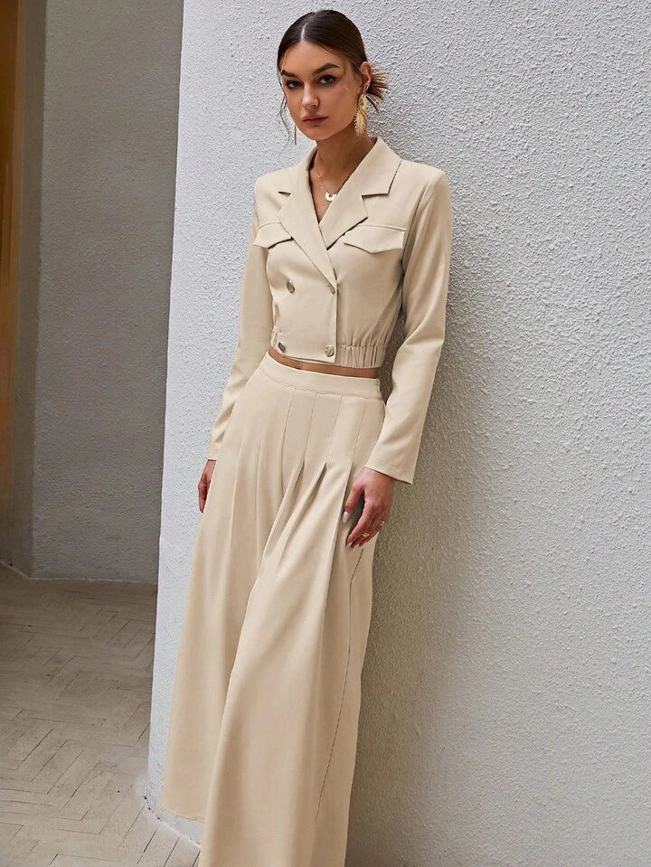 CM-SS506478 Women Elegant Seoul Style Solid Color Double-Breasted Cropped Jacket With Wide-Leg Pants - Set