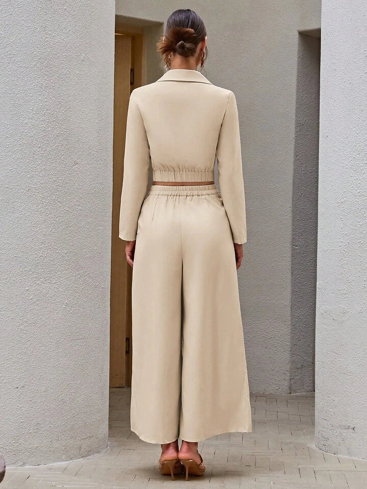 CM-SS506478 Women Elegant Seoul Style Solid Color Double-Breasted Cropped Jacket With Wide-Leg Pants - Set