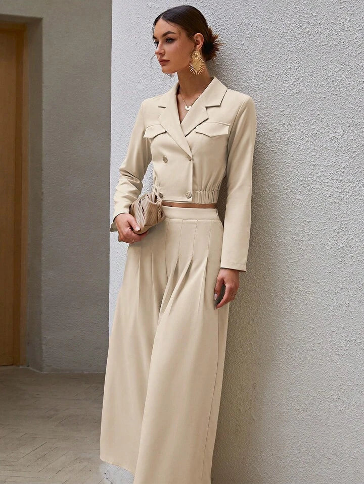 CM-SS506478 Women Elegant Seoul Style Solid Color Double-Breasted Cropped Jacket With Wide-Leg Pants - Set