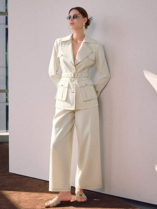 CM-SS666585 Women Elegant Seoul Style Solid Color 3D Pocket Decor Belted Jacket With Wide Leg Pants - Set