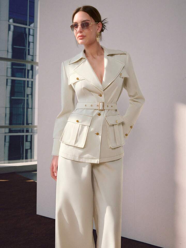 CM-SS666585 Women Elegant Seoul Style Solid Color 3D Pocket Decor Belted Jacket With Wide Leg Pants - Set