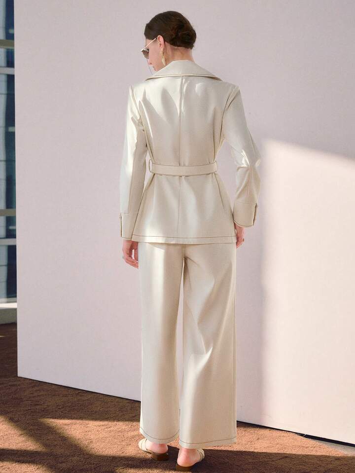 CM-SS666585 Women Elegant Seoul Style Solid Color 3D Pocket Decor Belted Jacket With Wide Leg Pants - Set