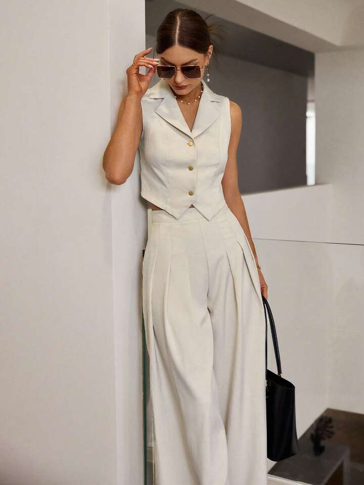 CM-SS265714 Women Elegant Seoul Style Lapel Neckline Sleeveless Vest With Loose Pleated Wide-Leg Pants - Set