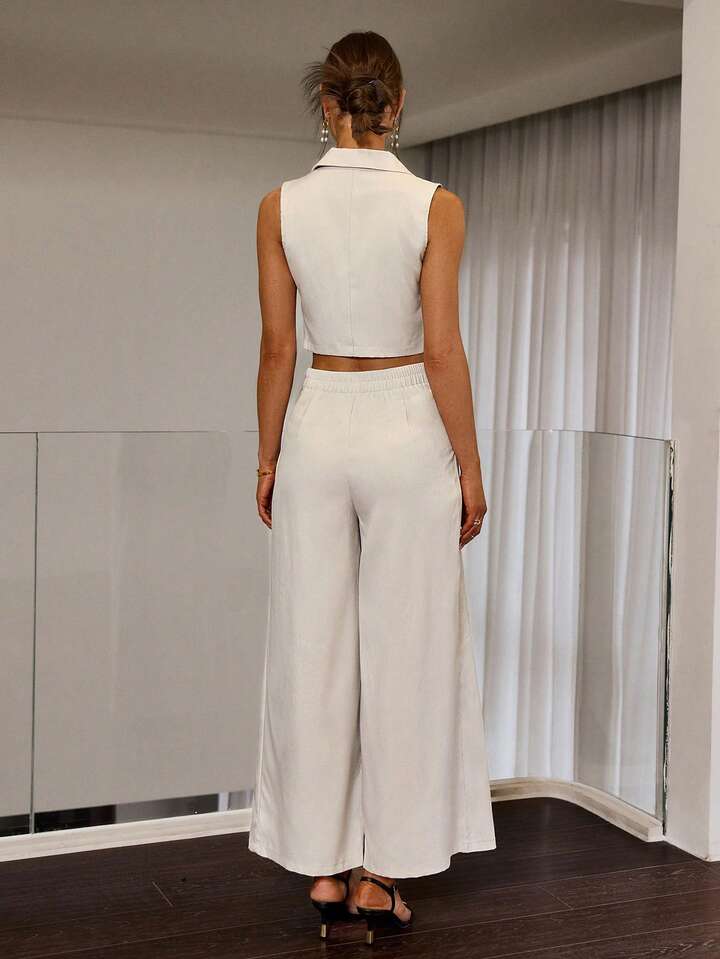 CM-SS265714 Women Elegant Seoul Style Lapel Neckline Sleeveless Vest With Loose Pleated Wide-Leg Pants - Set