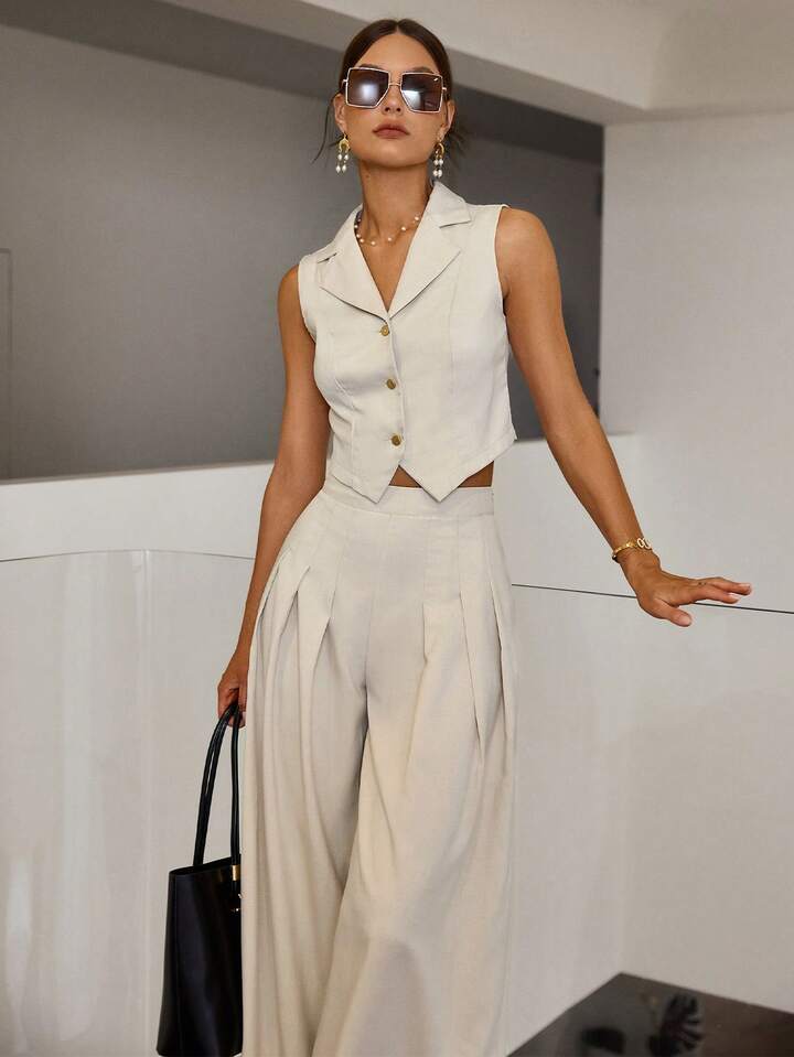 CM-SS265714 Women Elegant Seoul Style Lapel Neckline Sleeveless Vest With Loose Pleated Wide-Leg Pants - Set