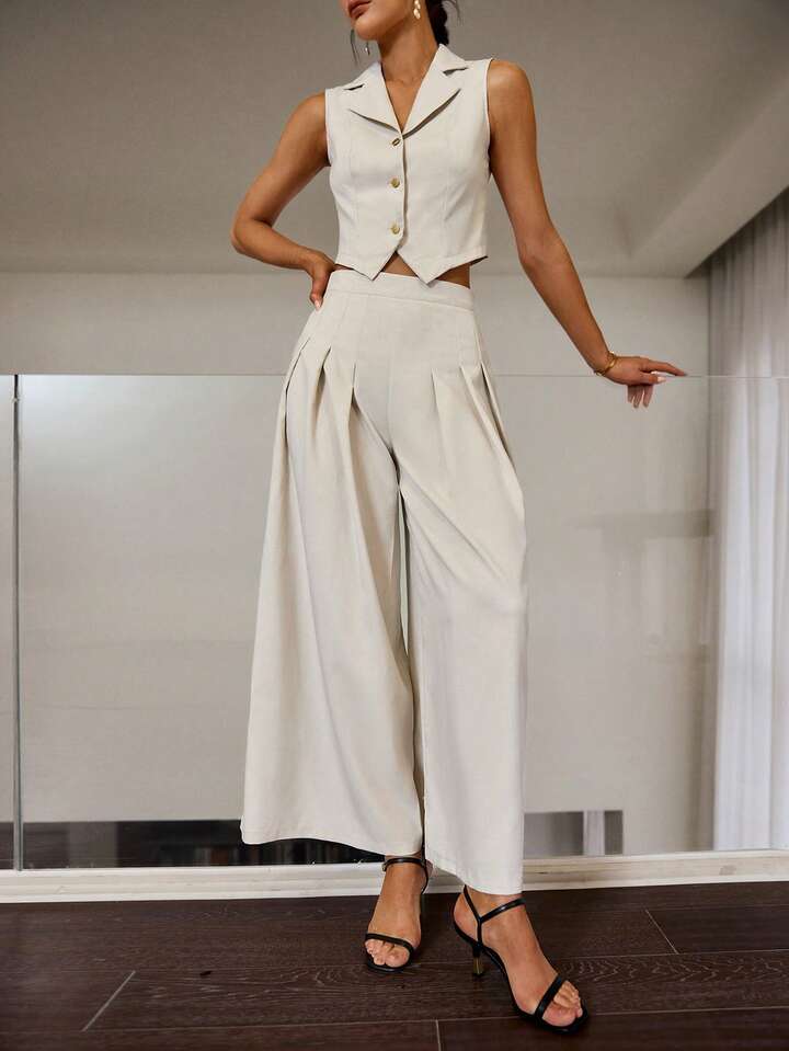 CM-SS265714 Women Elegant Seoul Style Lapel Neckline Sleeveless Vest With Loose Pleated Wide-Leg Pants - Set