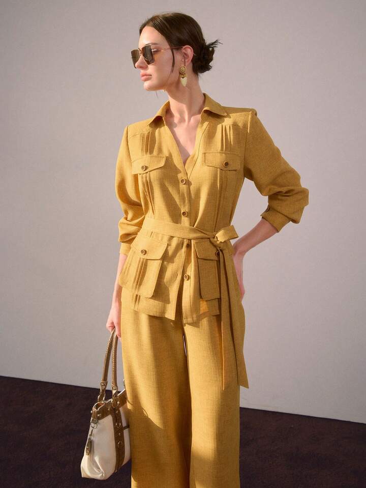 CM-SS504898 Women Elegant Seoul Style Collar Neckline Long Sleeve Button-Up Belted Top With Wide Leg Pants - Set
