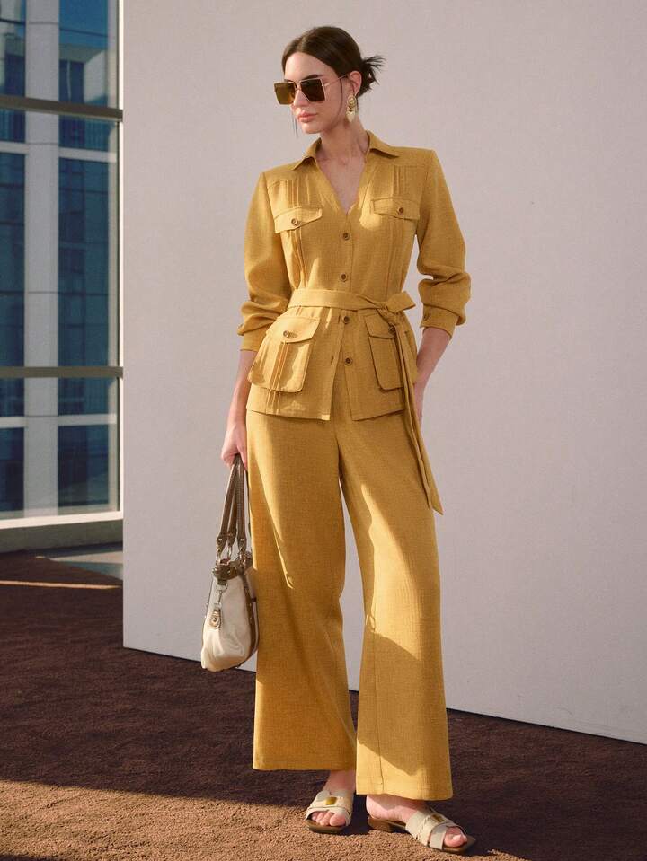 CM-SS504898 Women Elegant Seoul Style Collar Neckline Long Sleeve Button-Up Belted Top With Wide Leg Pants - Set