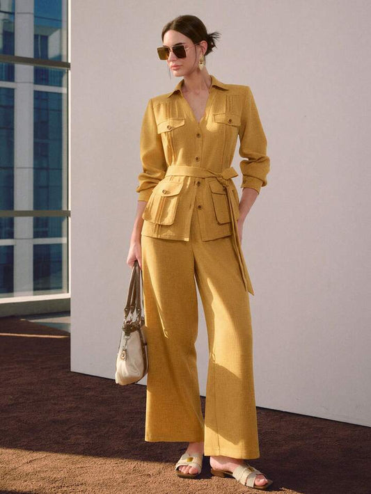 CM-SS504898 Women Elegant Seoul Style Collar Neckline Long Sleeve Button-Up Belted Top With Wide Leg Pants - Set