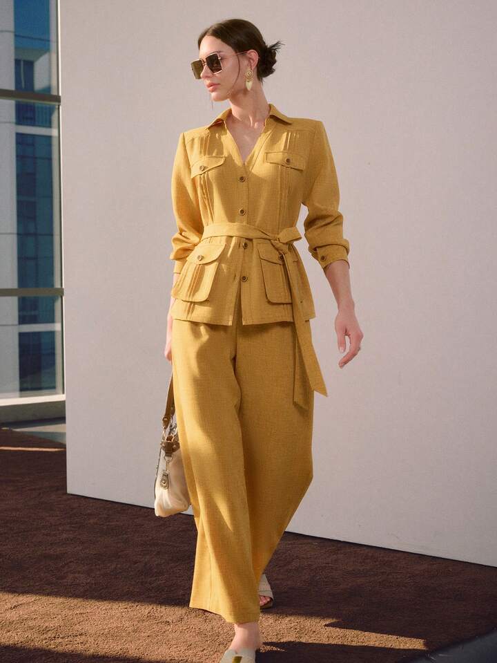 CM-SS504898 Women Elegant Seoul Style Collar Neckline Long Sleeve Button-Up Belted Top With Wide Leg Pants - Set