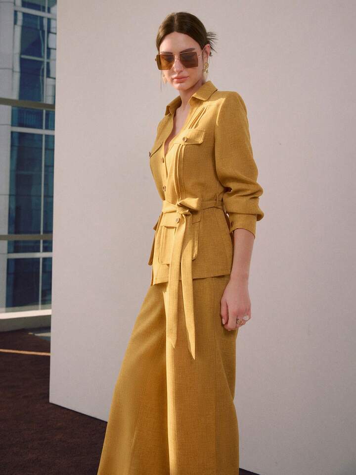 CM-SS504898 Women Elegant Seoul Style Collar Neckline Long Sleeve Button-Up Belted Top With Wide Leg Pants - Set