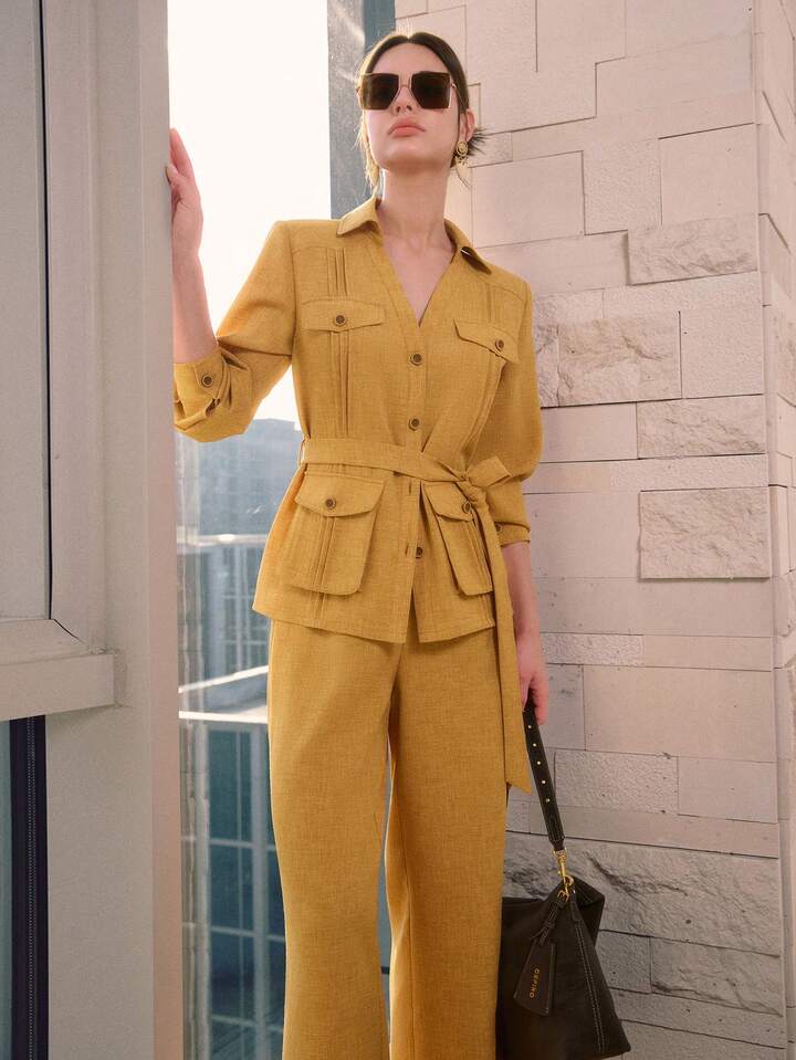 CM-SS504898 Women Elegant Seoul Style Collar Neckline Long Sleeve Button-Up Belted Top With Wide Leg Pants - Set