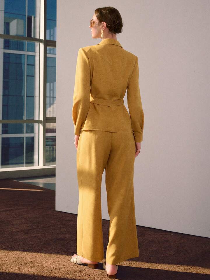 CM-SS504898 Women Elegant Seoul Style Collar Neckline Long Sleeve Button-Up Belted Top With Wide Leg Pants - Set