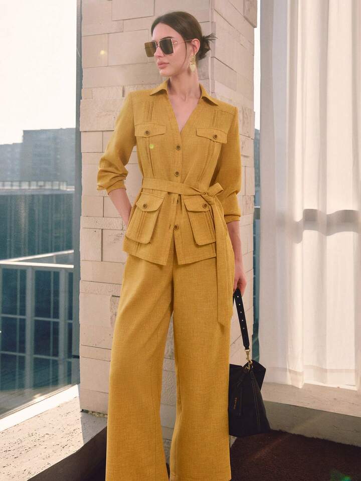 CM-SS504898 Women Elegant Seoul Style Collar Neckline Long Sleeve Button-Up Belted Top With Wide Leg Pants - Set