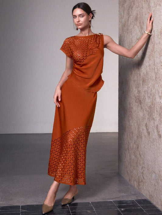 CM-SS844202 Women Elegant Seoul Style Jacquard Hollow Design Short Sleeve Top With Long Skirt - Set