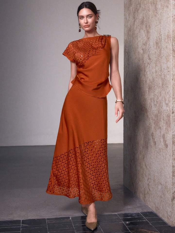 CM-SS844202 Women Elegant Seoul Style Jacquard Hollow Design Short Sleeve Top With Long Skirt - Set