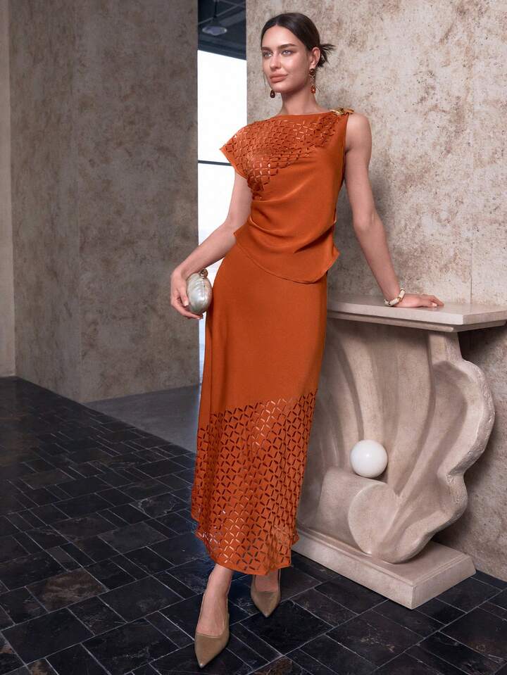 CM-SS844202 Women Elegant Seoul Style Jacquard Hollow Design Short Sleeve Top With Long Skirt - Set