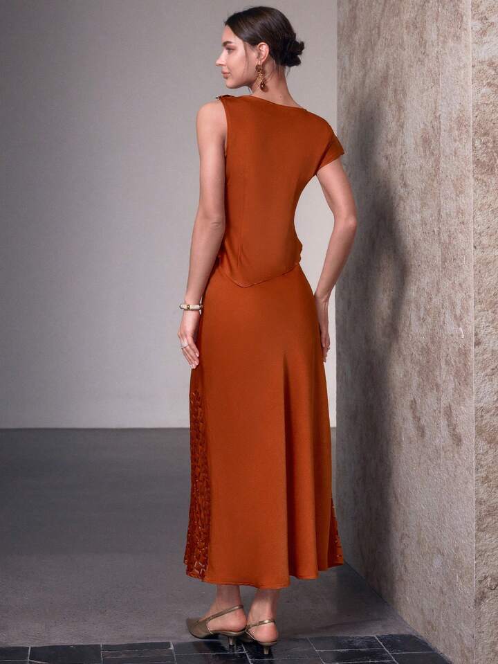 CM-SS844202 Women Elegant Seoul Style Jacquard Hollow Design Short Sleeve Top With Long Skirt - Set