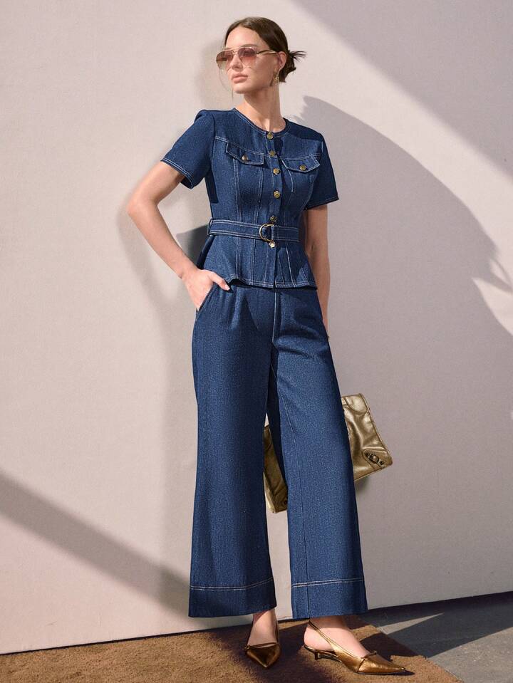 CM-SS887888 Women Elegant Seoul Style Tie-Up Ruffle Hem Cropped Top With High Waist Wide Leg Pants - Set