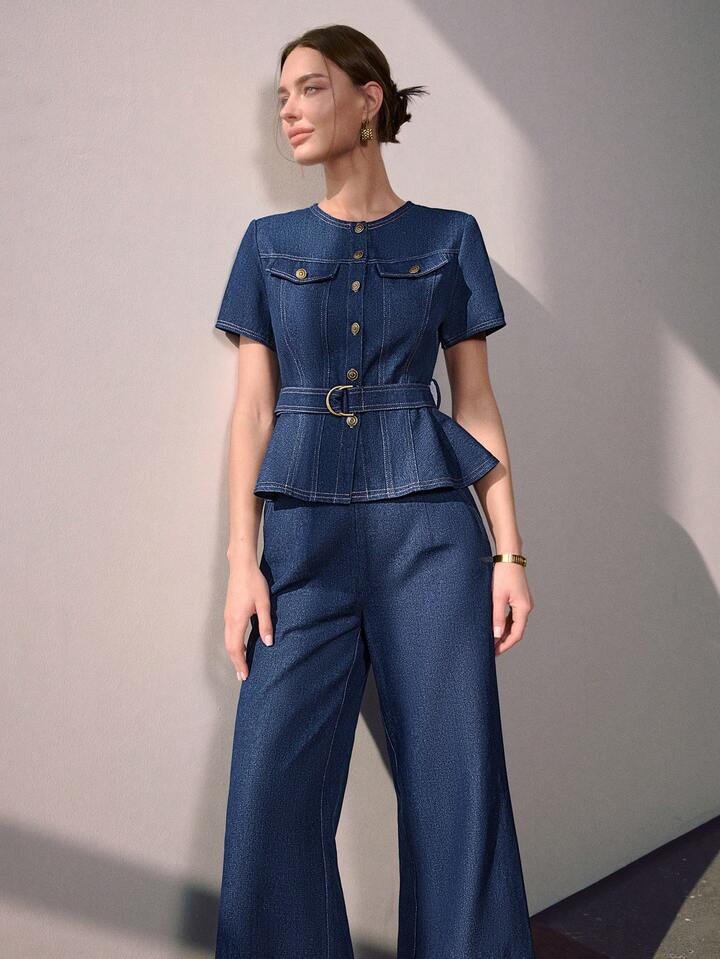 CM-SS887888 Women Elegant Seoul Style Tie-Up Ruffle Hem Cropped Top With High Waist Wide Leg Pants - Set