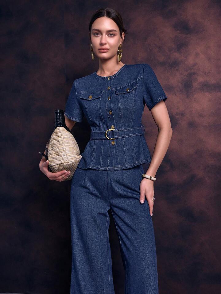 CM-SS887888 Women Elegant Seoul Style Tie-Up Ruffle Hem Cropped Top With High Waist Wide Leg Pants - Set