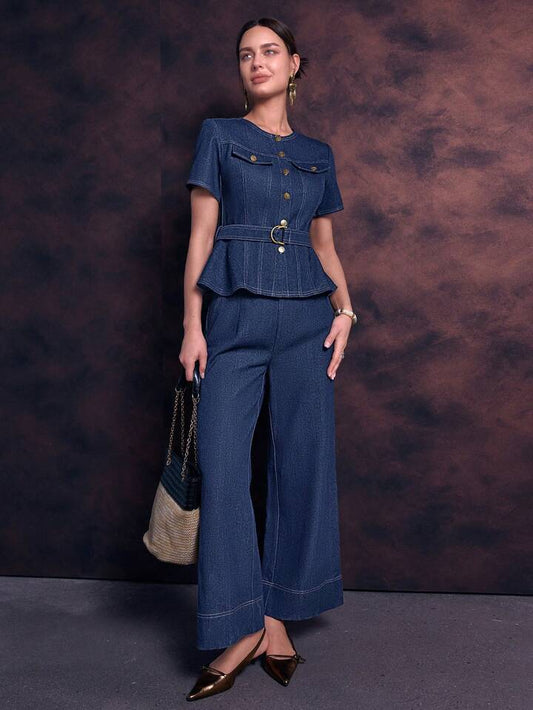 CM-SS887888 Women Elegant Seoul Style Tie-Up Ruffle Hem Cropped Top With High Waist Wide Leg Pants - Set