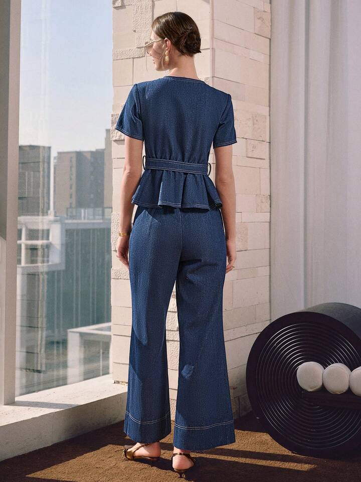 CM-SS887888 Women Elegant Seoul Style Tie-Up Ruffle Hem Cropped Top With High Waist Wide Leg Pants - Set