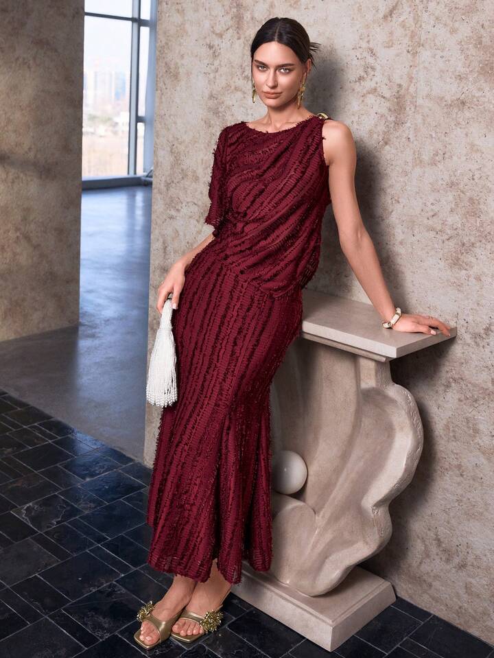 CM-SS009201 Women Elegant Seoul Style Spaghetti Strap Top With Striped Midi Skirt - Set