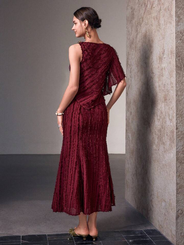 CM-SS009201 Women Elegant Seoul Style Spaghetti Strap Top With Striped Midi Skirt - Set