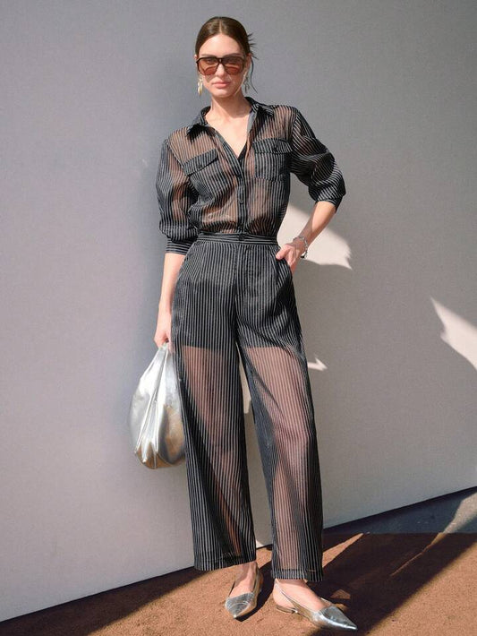 CM-SS286636 Women Elegant Seoul Style Semi-Sheer Striped Pocket Decor Button Shirt With Wide Leg Pleated Pants - Set