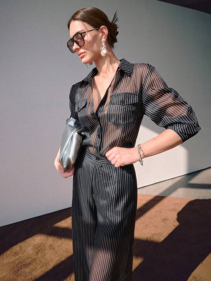 CM-SS286636 Women Elegant Seoul Style Semi-Sheer Striped Pocket Decor Button Shirt With Wide Leg Pleated Pants - Set