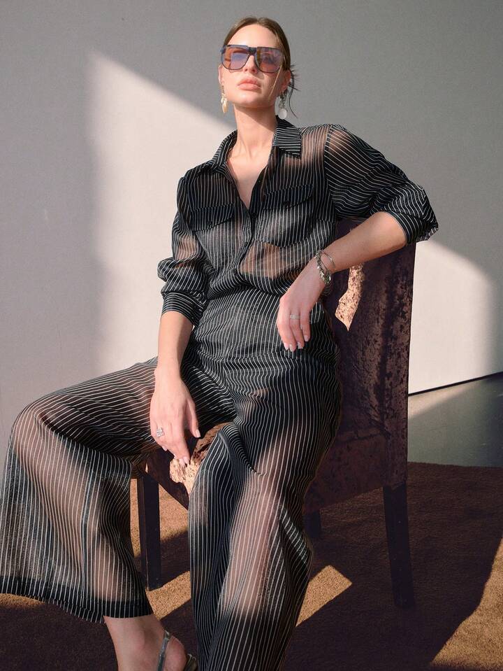 CM-SS286636 Women Elegant Seoul Style Semi-Sheer Striped Pocket Decor Button Shirt With Wide Leg Pleated Pants - Set