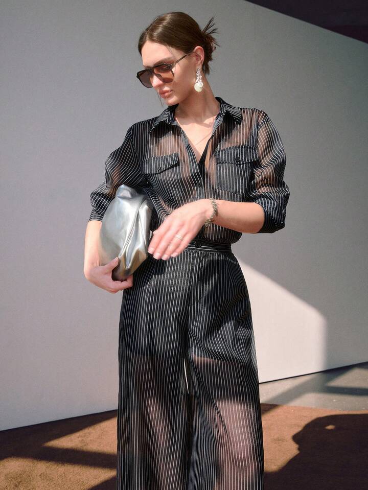 CM-SS286636 Women Elegant Seoul Style Semi-Sheer Striped Pocket Decor Button Shirt With Wide Leg Pleated Pants - Set