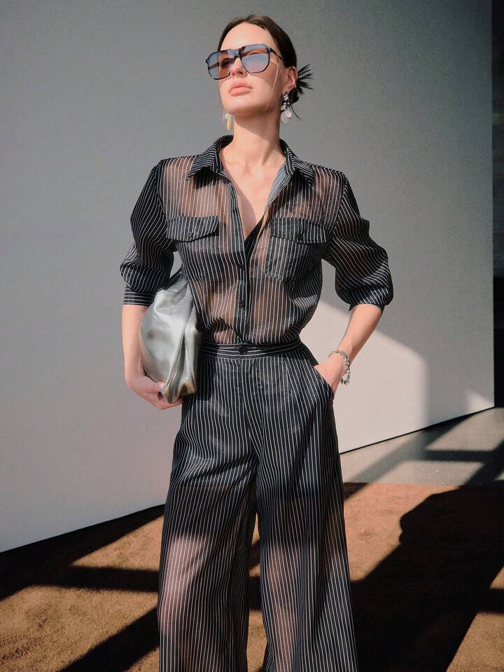 CM-SS286636 Women Elegant Seoul Style Semi-Sheer Striped Pocket Decor Button Shirt With Wide Leg Pleated Pants - Set