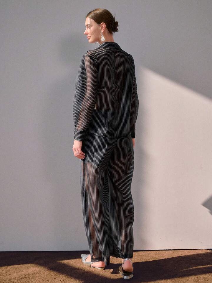 CM-SS286636 Women Elegant Seoul Style Semi-Sheer Striped Pocket Decor Button Shirt With Wide Leg Pleated Pants - Set