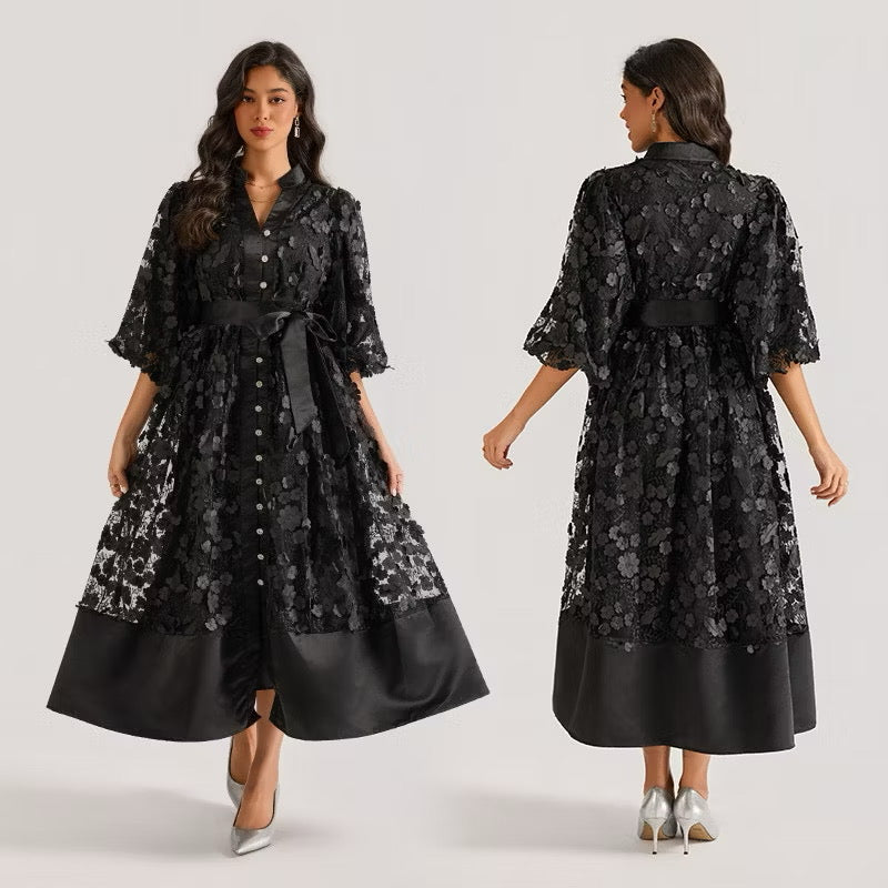 CM-DY064873 Women Elegant European Style Hollow Embroidery V-Neck Half Sleeve Long Dress (Available in 4 colors)