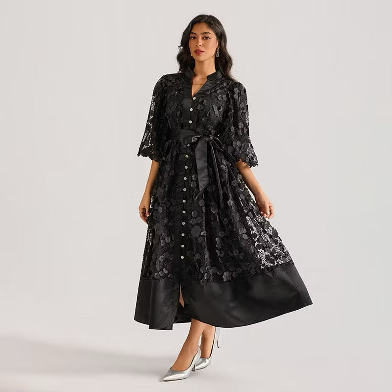 CM-DY064873 Women Elegant European Style Hollow Embroidery V-Neck Half Sleeve Long Dress (Available in 4 colors)