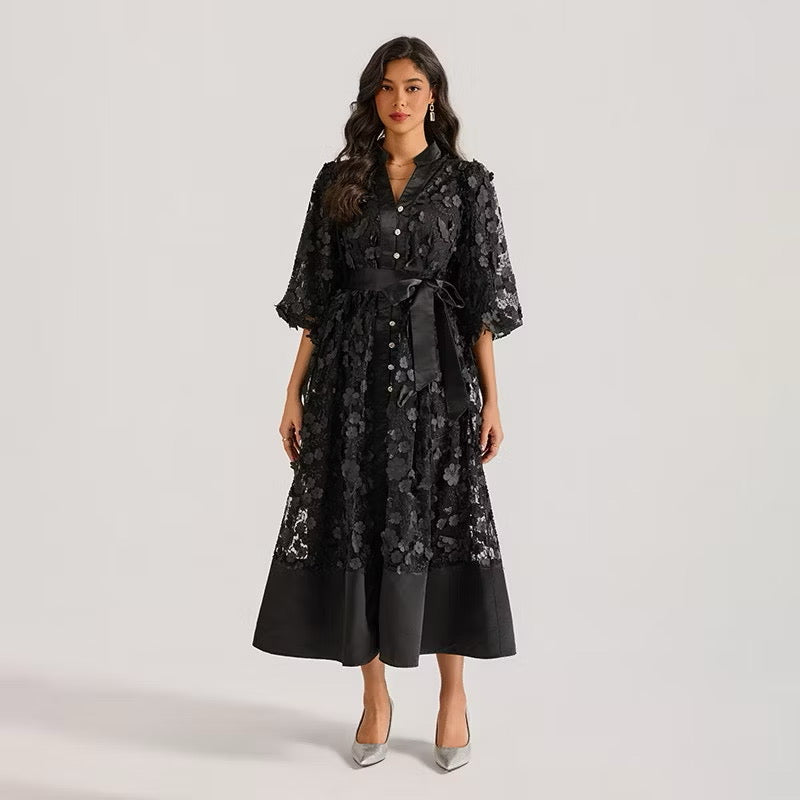 CM-DY064873 Women Elegant European Style Hollow Embroidery V-Neck Half Sleeve Long Dress (Available in 4 colors)