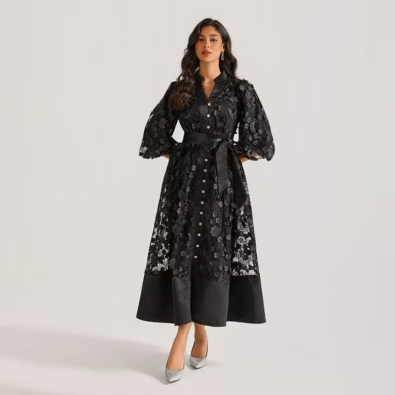 CM-DY064873 Women Elegant European Style Hollow Embroidery V-Neck Half Sleeve Long Dress (Available in 4 colors)