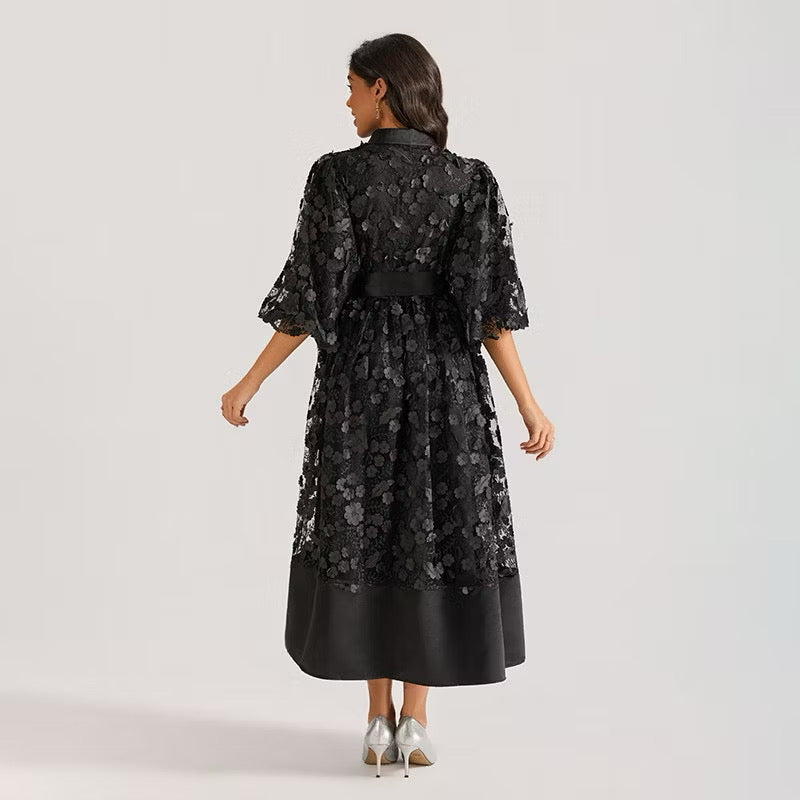 CM-DY064873 Women Elegant European Style Hollow Embroidery V-Neck Half Sleeve Long Dress (Available in 4 colors)