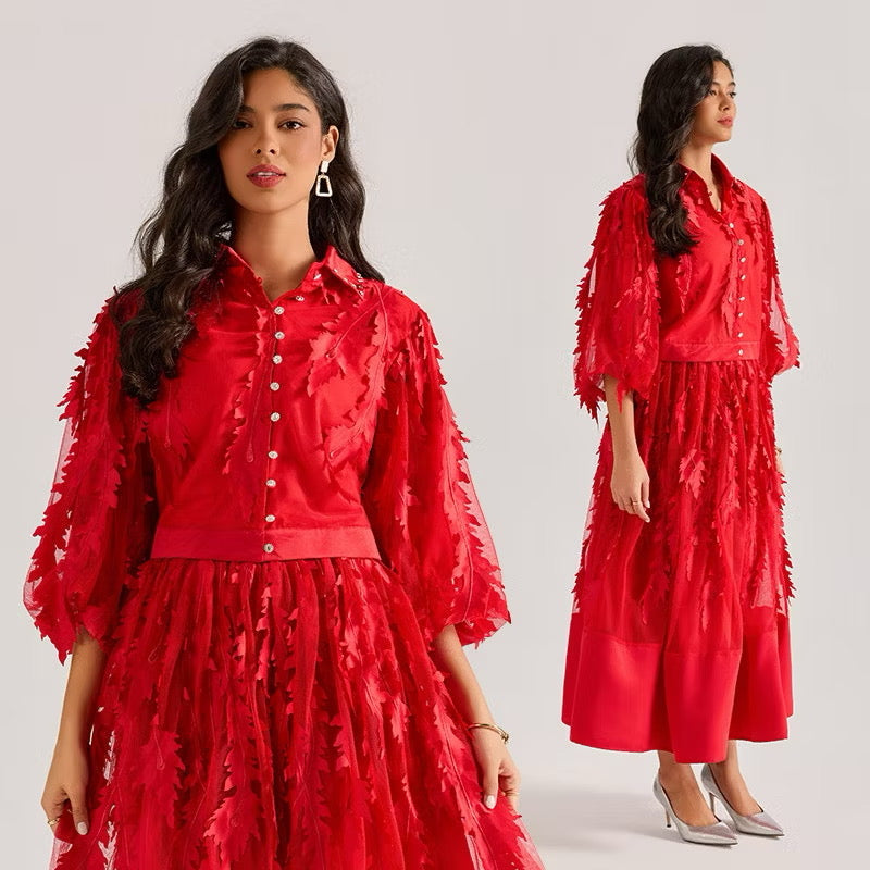 CM-DY064873 Women Elegant European Style Hollow Embroidery V-Neck Half Sleeve Long Dress (Available in 4 colors)