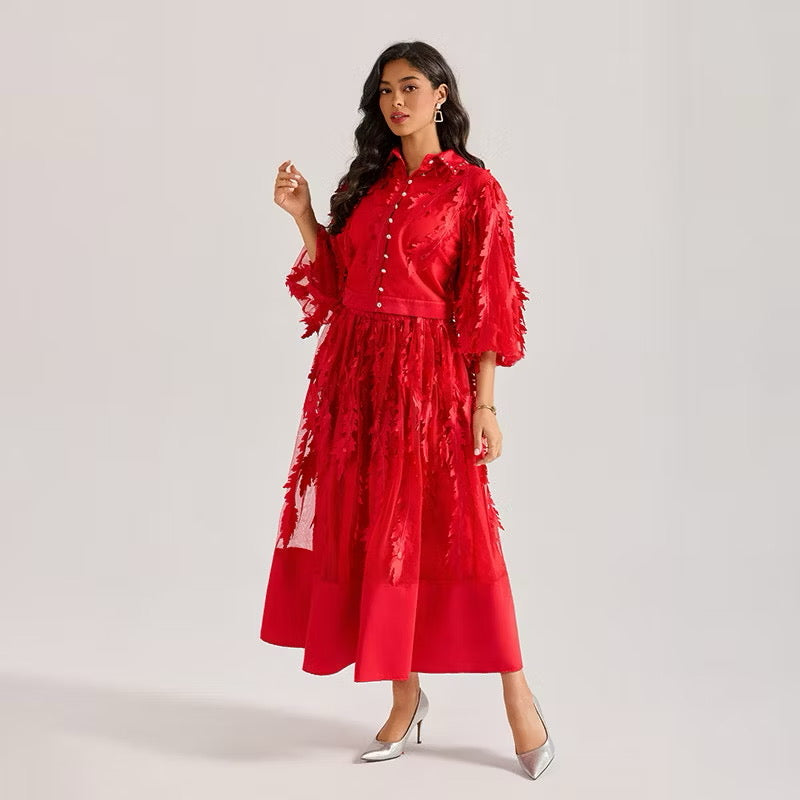 CM-DY064873 Women Elegant European Style Hollow Embroidery V-Neck Half Sleeve Long Dress (Available in 4 colors)