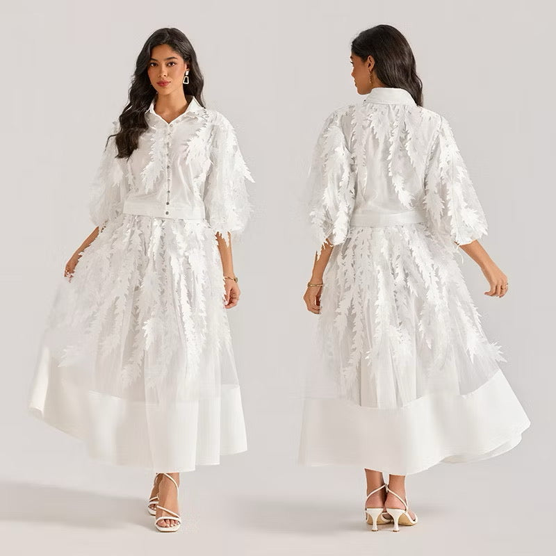 CM-DY064873 Women Elegant European Style Hollow Embroidery V-Neck Half Sleeve Long Dress (Available in 4 colors)