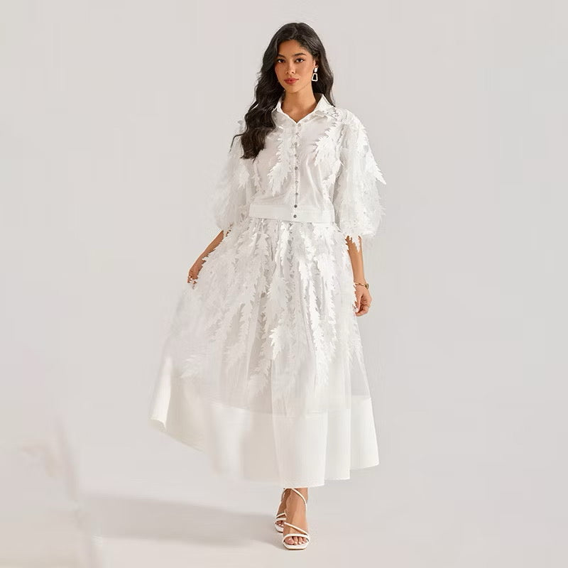 CM-DY064873 Women Elegant European Style Hollow Embroidery V-Neck Half Sleeve Long Dress (Available in 4 colors)