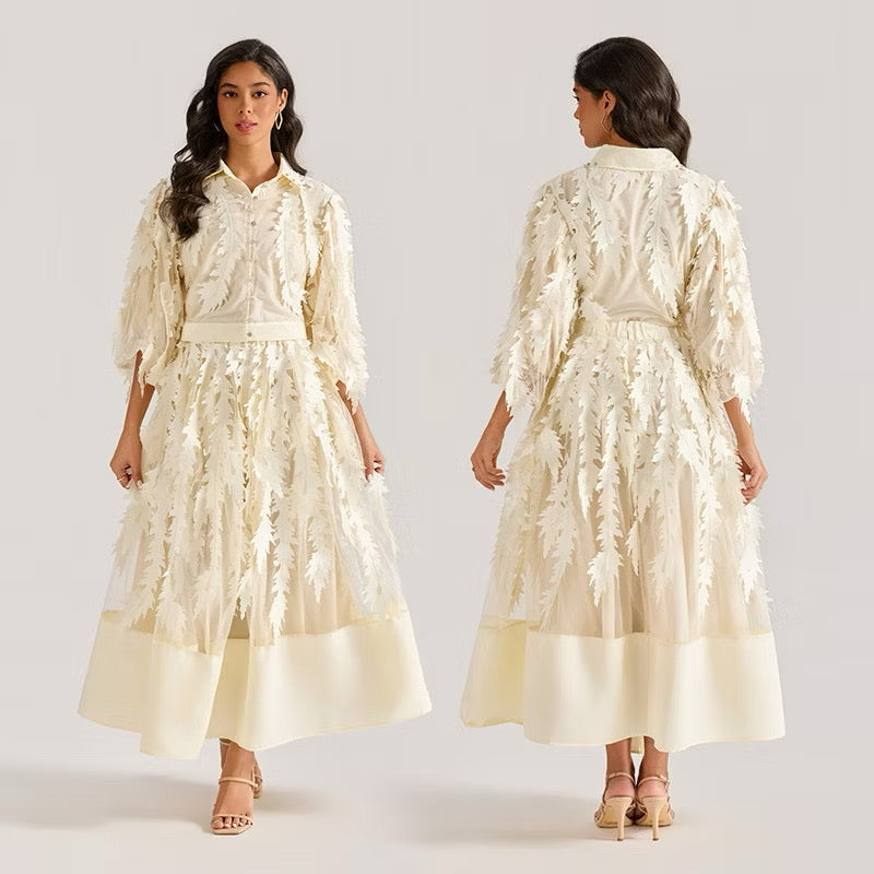 CM-DY064873 Women Elegant European Style Hollow Embroidery V-Neck Half Sleeve Long Dress (Available in 4 colors)