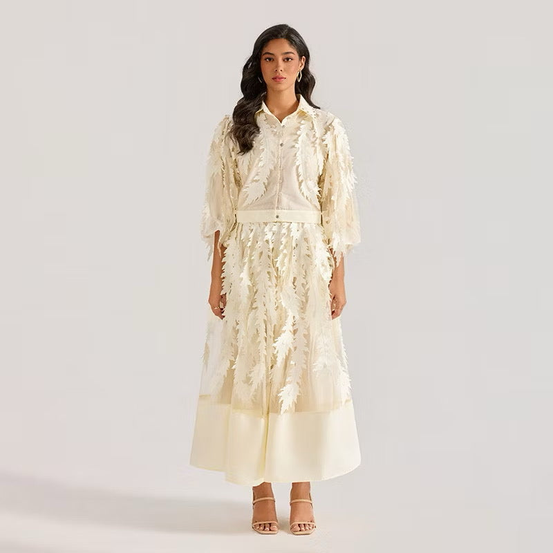 CM-DY064873 Women Elegant European Style Hollow Embroidery V-Neck Half Sleeve Long Dress (Available in 4 colors)