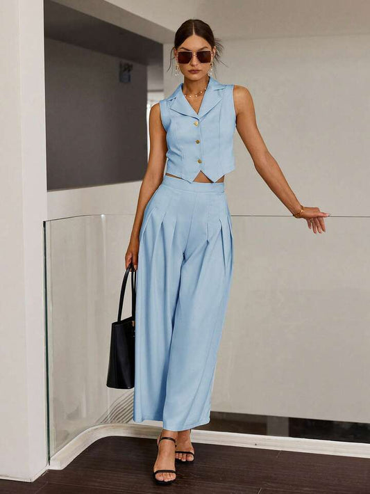 CM-SS236231 Women Elegant Seoul Style Lapel Neckline Sleeveless Vest With Loose Pleated Wide-Leg Pants - Set
