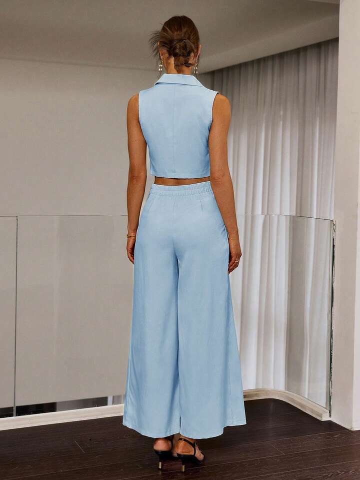 CM-SS236231 Women Elegant Seoul Style Lapel Neckline Sleeveless Vest With Loose Pleated Wide-Leg Pants - Set