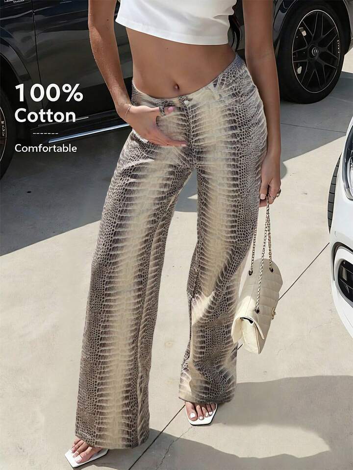 CM-BS361122 Women Casual Seoul Style Mid Waist Snake Print Floral Straight Leg Loose Jeans